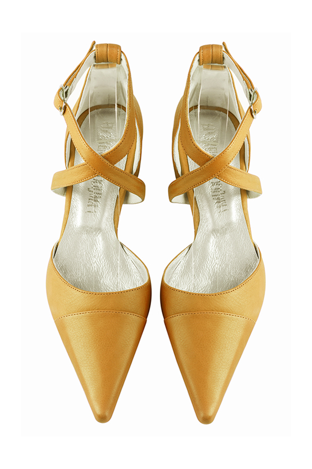 Mustard yellow women's open side shoes, with crossed straps. Pointed toe. Low flare heels. Top view - Florence KOOIJMAN